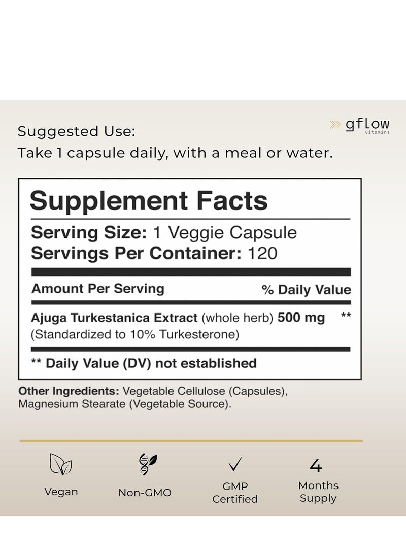 gflow vitamins - Turkesterone - 500 Mg (Ajuga Turkestanica Extract Std. To 10% Turkesterone) Similar To Ecdysterone - Promotes Strength, Endurance, Muscle Growth - Highly. - Image 1