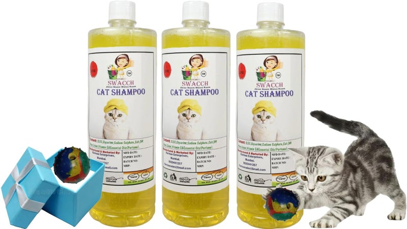 swacch Cat Shampoo + Rubber Musical Ball I Chew Playing Rubber Ball I Interactive Cat Toy Balls I Training & Play I Combo Pack I 1 Litre Pack of 3 Lemon - Image 1