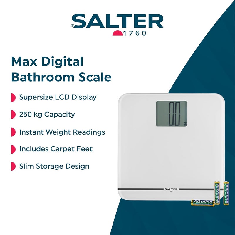 Salter Max Digital Bathroom Scale Supersize LCD Display 250 kg Capacity Large Platform Easy Read Carpet Feet Batteries Included Kglbs Instant Readings Weight Measurements White - Image 2