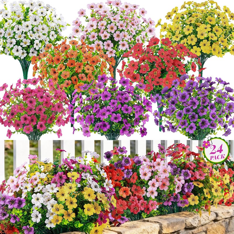 Der Rose 24 Bundles Artificial Flowers for Outdoor UV Resistant Faux Plants for Wedding Home Garden Patio Porch Spring Decor 8 Colors - Image 2