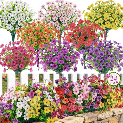 Der Rose 24 Bundles Artificial Flowers for Outdoor UV Resistant Faux Plants for Wedding Home Garden Patio Porch Spring Decor 8 Colors - Image 1
