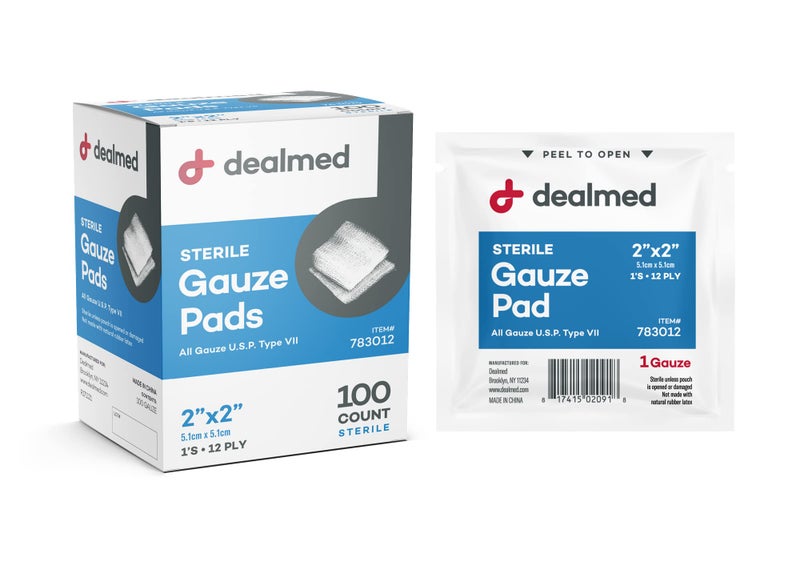 Dealmed Sterile Gauze Pads – 100 Count, 2’’ x 2’’ Disposable and Individually Wrapped Gauze Pads, Wound Care Product for First Aid Kit and Medical Facilities - Image 1