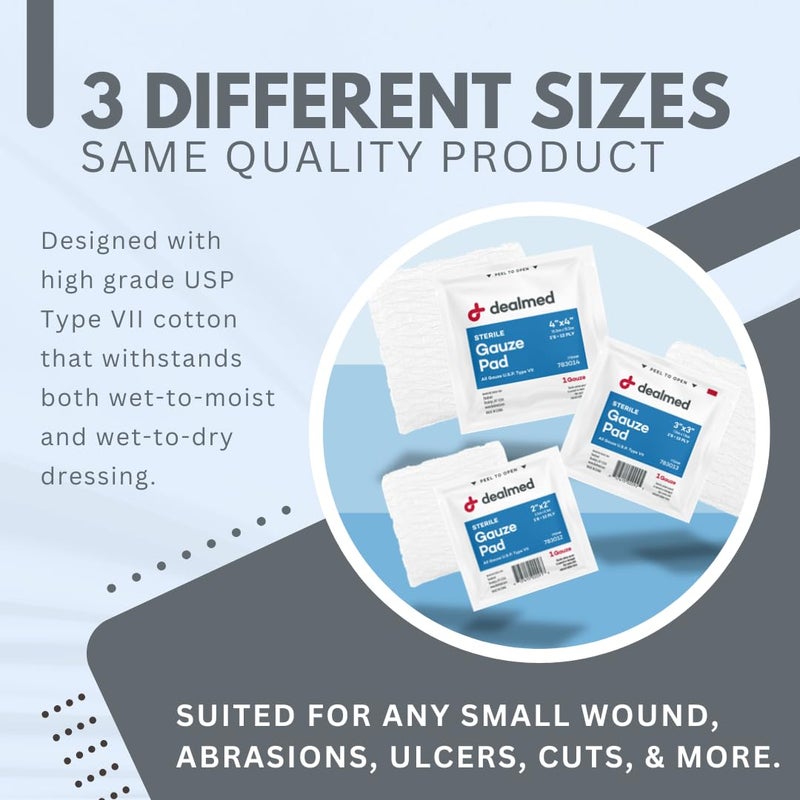 Dealmed Sterile Gauze Pads – 100 Count, 2’’ x 2’’ Disposable and Individually Wrapped Gauze Pads, Wound Care Product for First Aid Kit and Medical Facilities - Image 4