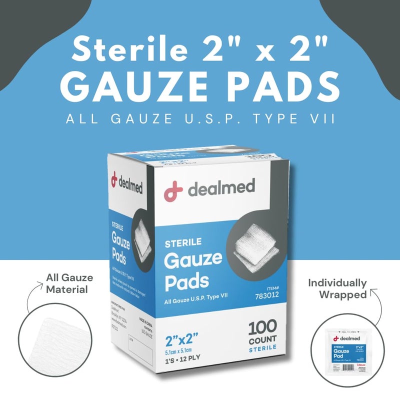 Dealmed Sterile Gauze Pads – 100 Count, 2’’ x 2’’ Disposable and Individually Wrapped Gauze Pads, Wound Care Product for First Aid Kit and Medical Facilities - Image 2