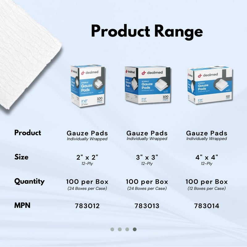 Dealmed Sterile Gauze Pads – 100 Count, 2’’ x 2’’ Disposable and Individually Wrapped Gauze Pads, Wound Care Product for First Aid Kit and Medical Facilities - Image 5