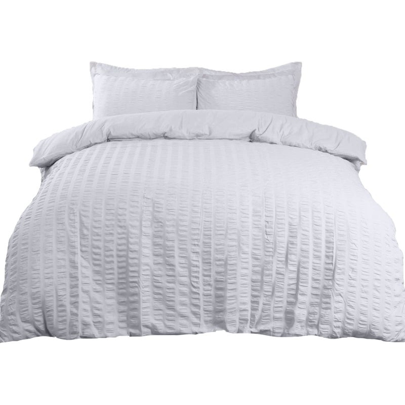 Highams Single Duvet Cover Set Seersucker Ultra Soft Cosy Warm Luxurious Plain Dye Textured Ruffled Seersucker Single Quilt Cover Set with Pillowcase  White