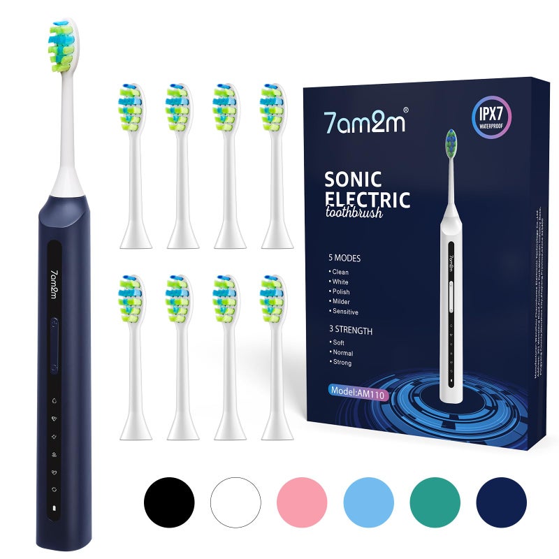 7AM2M Sonic Electric Toothbrush High Power Rechargeable Toothbrushes with 8 Brush Heads for Adults and Kids 15 Adjustable Modes Builtin 2Minute Smart Timer 4 Hours Fast ChargeNavy Blue