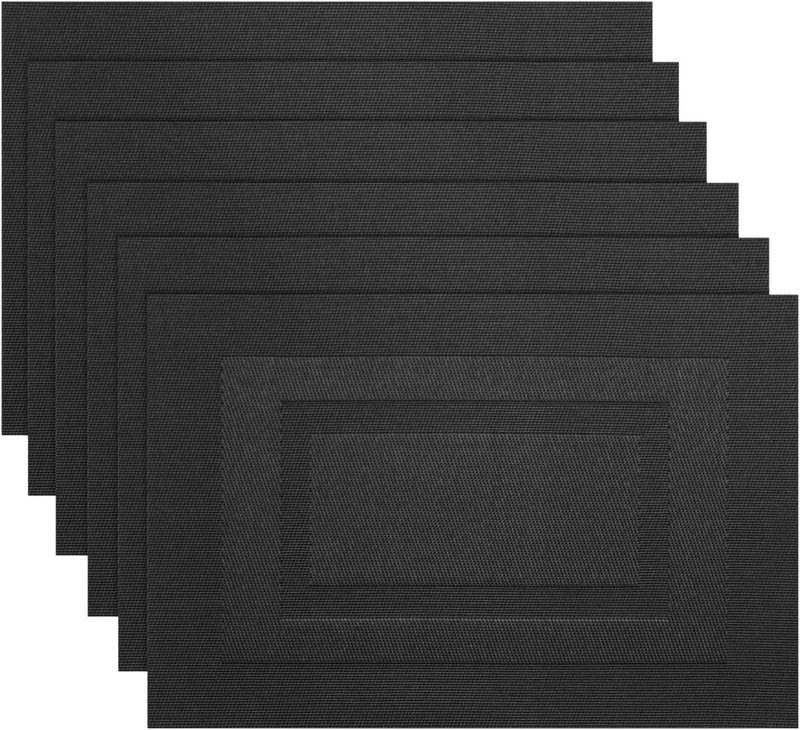 pigchcy Placemats,Washable Woven Vinyl Placemats for Dining Table,Easy to Clean Plastic Placemats Set of 6(18"X12", Pure Black) - Image 1