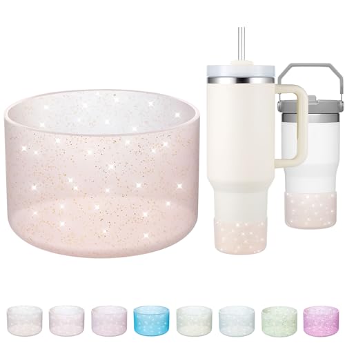 Onlymory Silicone Boot for 30 40 OZ Stanley Cup Accessories, Glitter Boots for Stanley 20OZ 30OZ Tumbler Ice-Flow 16OZ Bottle, Anti-Slip Bling Protector Bottom Cover Sleeve, Clear Rose Quartz Gold - Image 1