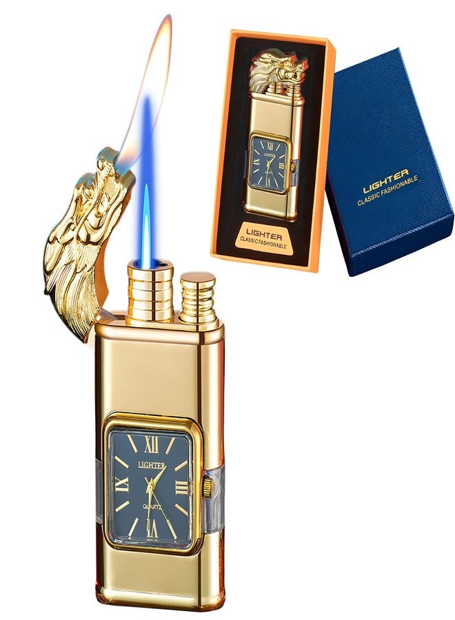 XQBBIDM Torch Lighter, Magic Dual Flame Dragon Lighter with Portable Size, Windproof Lighter with Visible Fuel Tank, Adjustable Flame Refillable Butane Lighter for Men Friends Gifts (Without Butane)- Gold-d - Image 1