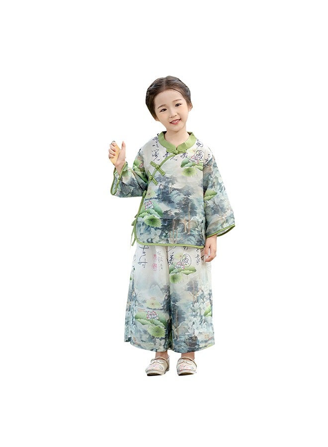 LiangSanZhi Summer girl Hanfu Tang Suit, Chinese Style toddler girl Hanfu Top and Wide-Leg Pants Set, New Chinese Hanfu Costume for Kindergarten Festival Performances  - Image 1