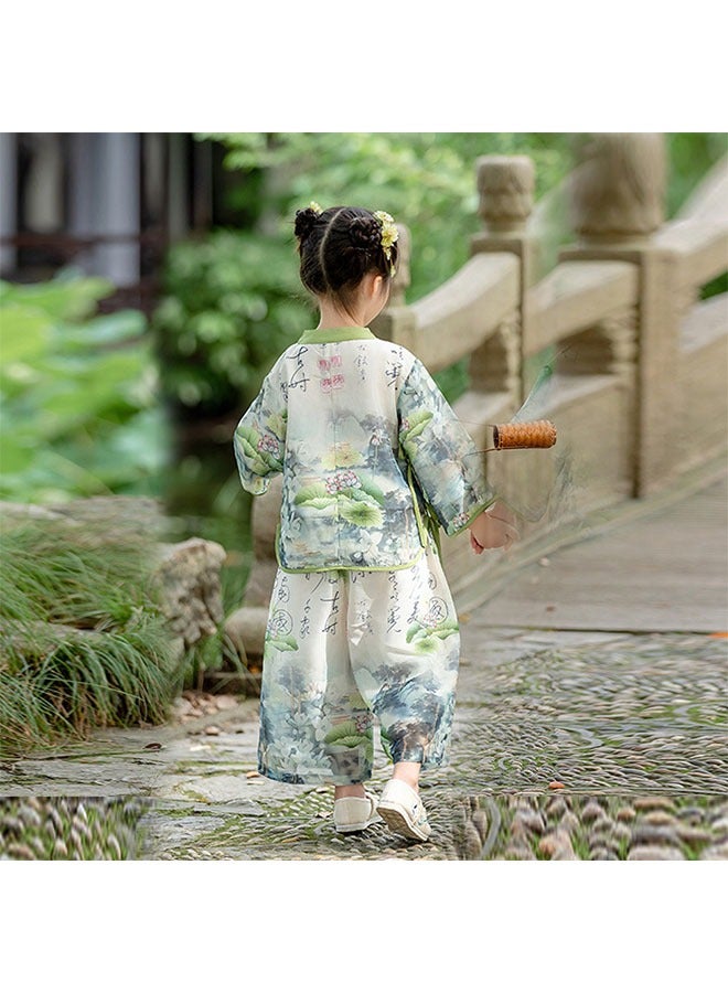 LiangSanZhi Summer girl Hanfu Tang Suit, Chinese Style toddler girl Hanfu Top and Wide-Leg Pants Set, New Chinese Hanfu Costume for Kindergarten Festival Performances  - Image 4