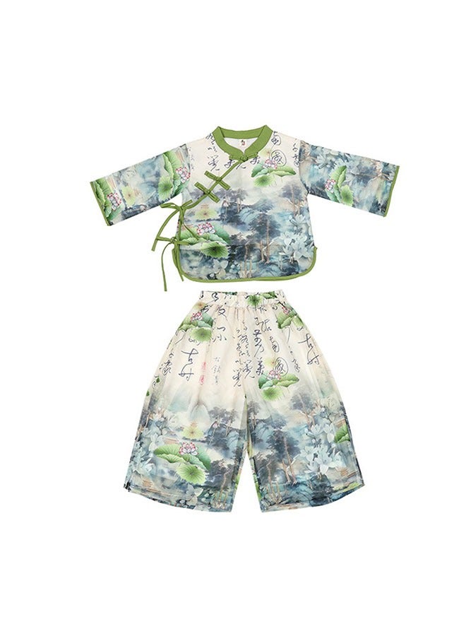 LiangSanZhi Summer girl Hanfu Tang Suit, Chinese Style toddler girl Hanfu Top and Wide-Leg Pants Set, New Chinese Hanfu Costume for Kindergarten Festival Performances  - Image 3