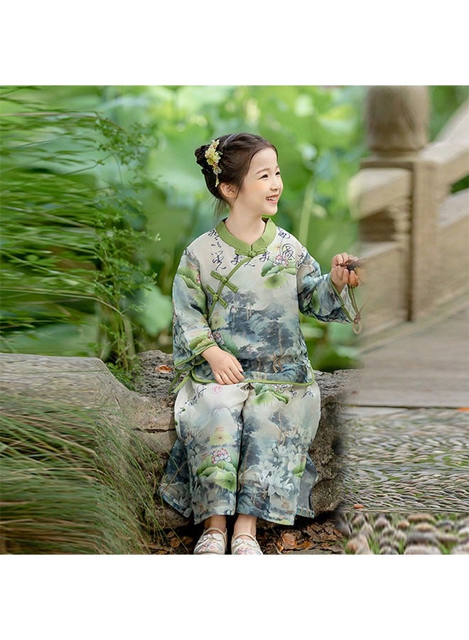LiangSanZhi Summer girl Hanfu Tang Suit, Chinese Style toddler girl Hanfu Top and Wide-Leg Pants Set, New Chinese Hanfu Costume for Kindergarten Festival Performances  - Image 5