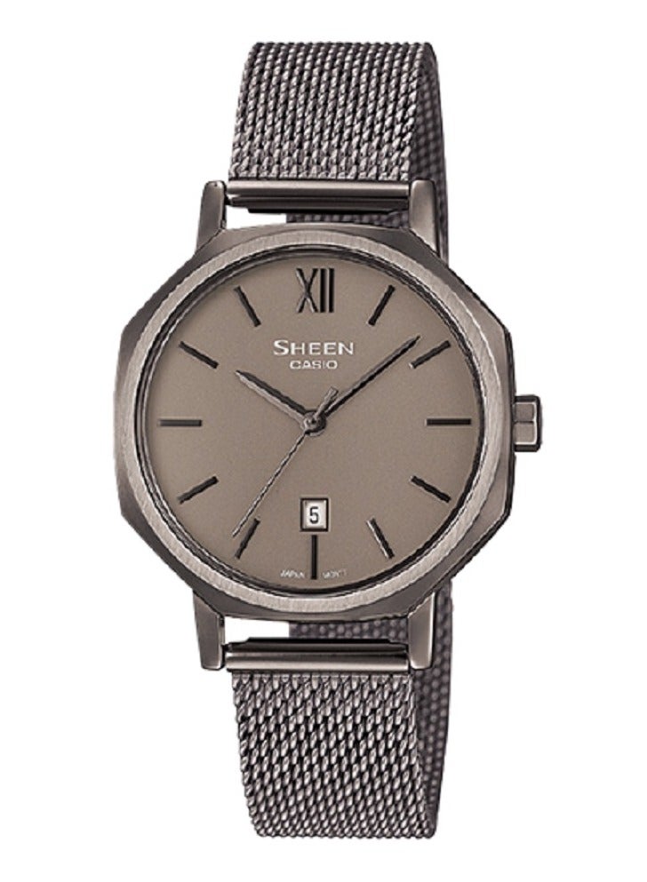 كاسيو ساعة كاسيو للنساء، انالوج، تصميم معدني مثمن، مينا رمادي، سوار شبكي من الستانلس ستيل SHE-4554GYM-8AUDF. - Image 1