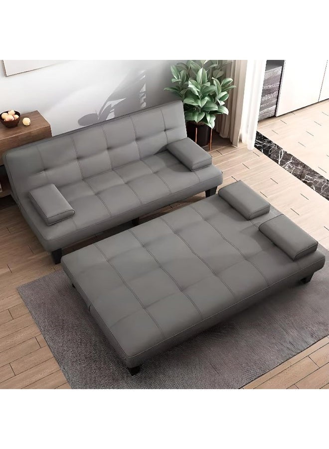 Elegant Two-Seater Leather Sofa Bed with a Stylish Tufted Backrest and Convertible Folding Design (Light Grey)