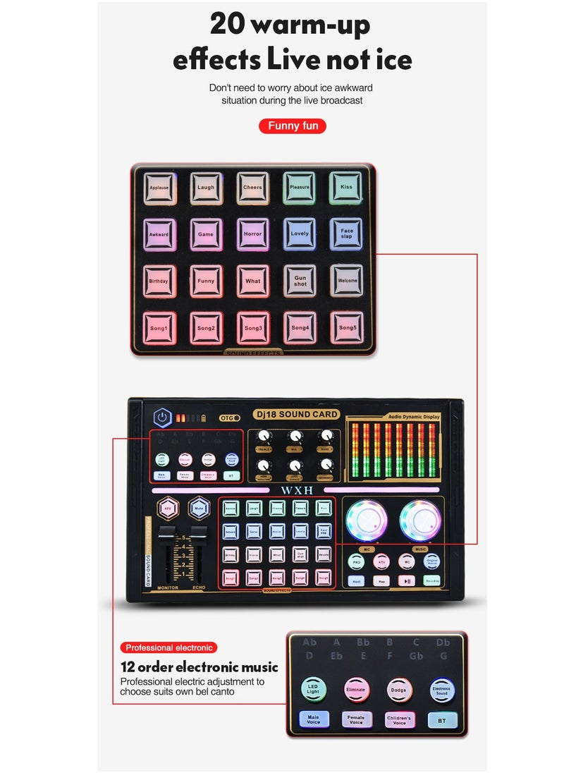 DJ18 بطاقة الصوت الحية معدات البودكاست ميكروفون مغير الصوت جهاز مزج الصوت للبث والألعاب والتسجيل والغناء وTiktok ويوتيوب والكمبيوتر الشخصي والهاتف