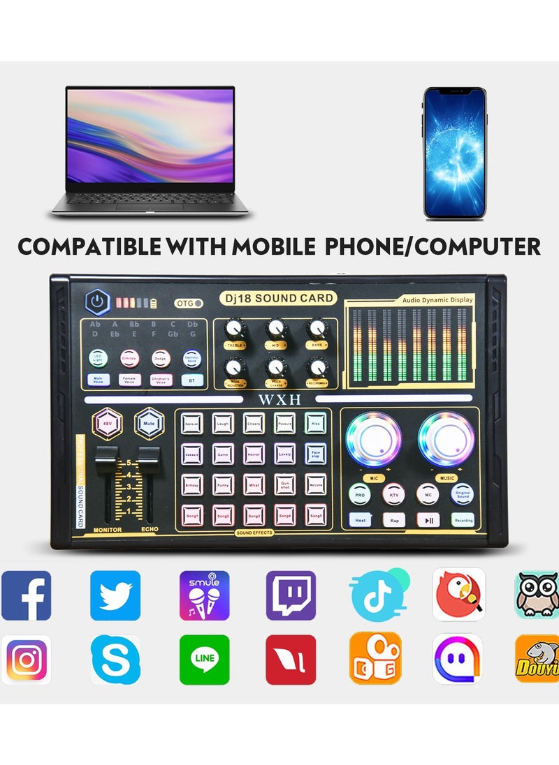DJ18 بطاقة الصوت الحية معدات البودكاست ميكروفون مغير الصوت جهاز مزج الصوت للبث والألعاب والتسجيل والغناء وTiktok ويوتيوب والكمبيوتر الشخصي والهاتف