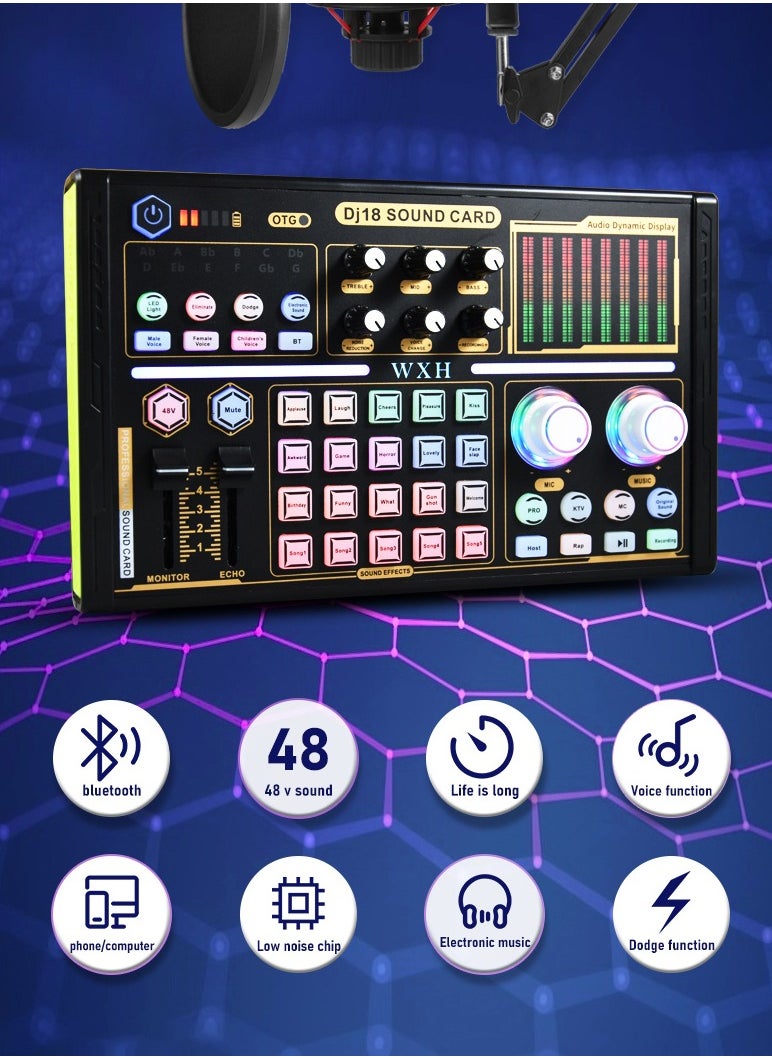 DJ18 بطاقة الصوت الحية معدات البودكاست ميكروفون مغير الصوت جهاز مزج الصوت للبث والألعاب والتسجيل والغناء وTiktok ويوتيوب والكمبيوتر الشخصي والهاتف