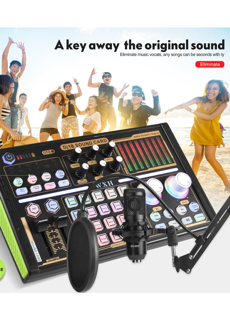 DJ18 بطاقة الصوت الحية معدات البودكاست ميكروفون مغير الصوت جهاز مزج الصوت للبث والألعاب والتسجيل والغناء وTiktok ويوتيوب والكمبيوتر الشخصي والهاتف