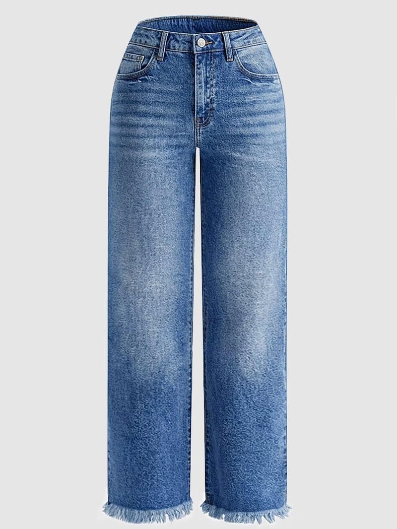 Flamingals Straight Leg Jeans for Women Mid Waist Raw Hem Vintage Wash Stretchy Wide Leg Casual Baggy Denim Jeans Light Blue L - Image 5