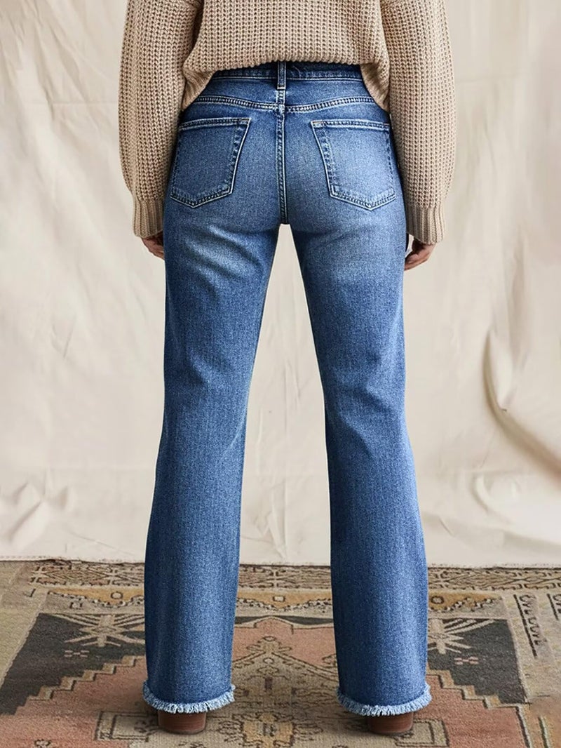 Flamingals Straight Leg Jeans for Women Mid Waist Raw Hem Vintage Wash Stretchy Wide Leg Casual Baggy Denim Jeans Light Blue L - Image 3
