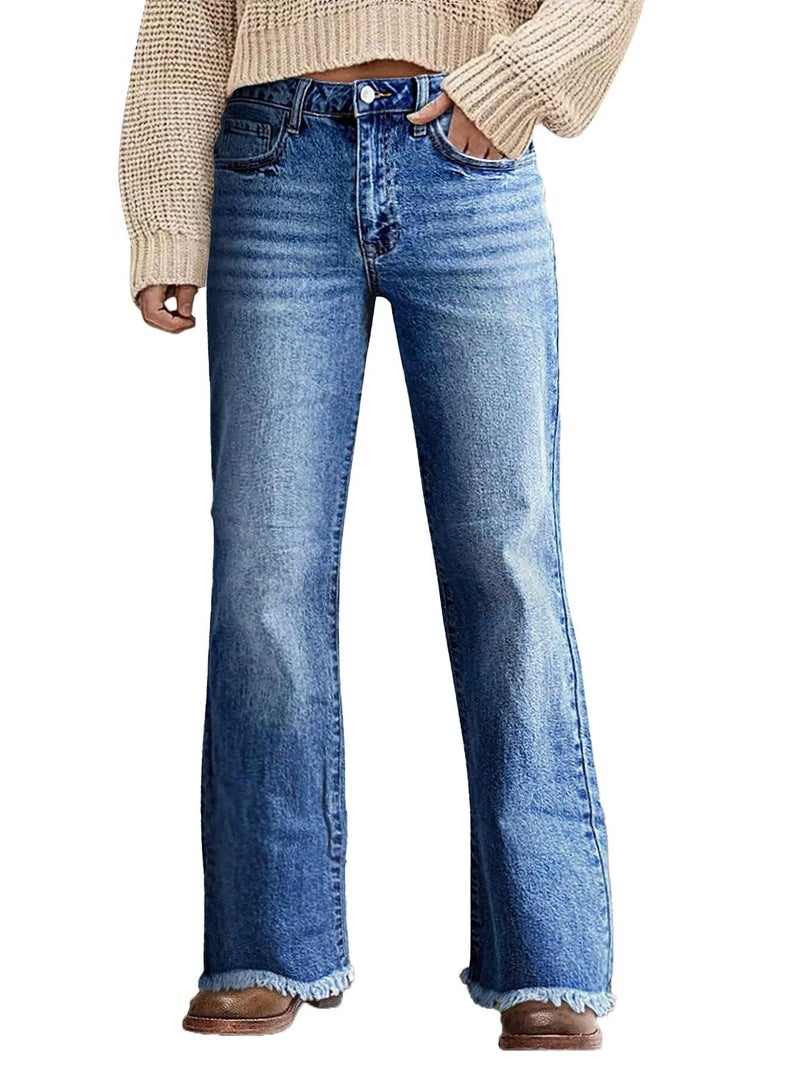 Flamingals Straight Leg Jeans for Women Mid Waist Raw Hem Vintage Wash Stretchy Wide Leg Casual Baggy Denim Jeans Light Blue L - Image 1