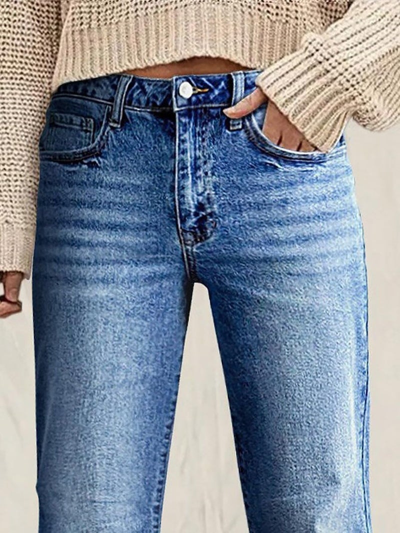 Flamingals Straight Leg Jeans for Women Mid Waist Raw Hem Vintage Wash Stretchy Wide Leg Casual Baggy Denim Jeans Light Blue L - Image 4