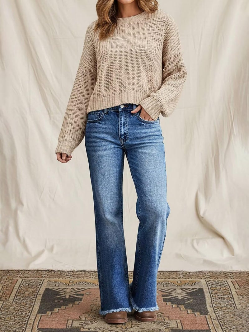 Flamingals Straight Leg Jeans for Women Mid Waist Raw Hem Vintage Wash Stretchy Wide Leg Casual Baggy Denim Jeans Light Blue L - Image 2