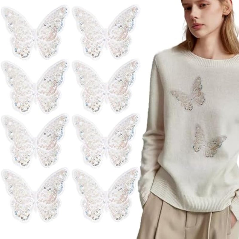 8 PCS Sequin erflies Iron on Patches erfly Applique Sparkly Embroidery Patch Costume Accessories for Dress Skirt Jean Jacket Pant Sweater Hat Shoe DIY Craft (White) - Image 1