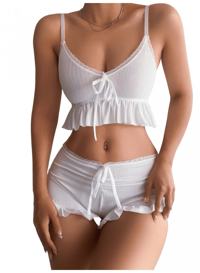 SweatyRocks SweatyRocks Women's 2 Piece Lingerie Set Ruffle Trim Tie Front Cami Top and Shorts Sleepwear White M  - Image 2