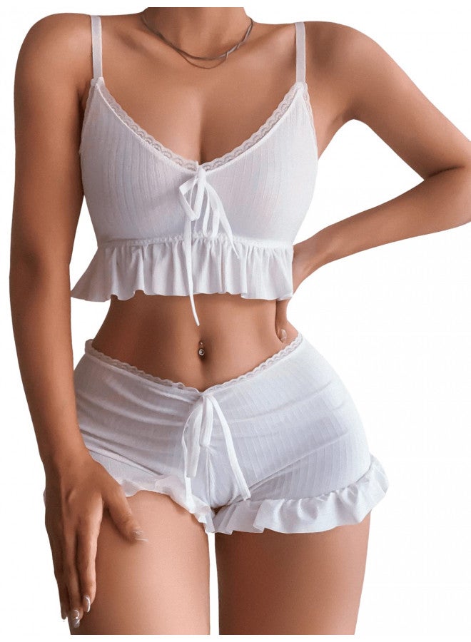 SweatyRocks SweatyRocks Women's 2 Piece Lingerie Set Ruffle Trim Tie Front Cami Top and Shorts Sleepwear White M  - Image 4