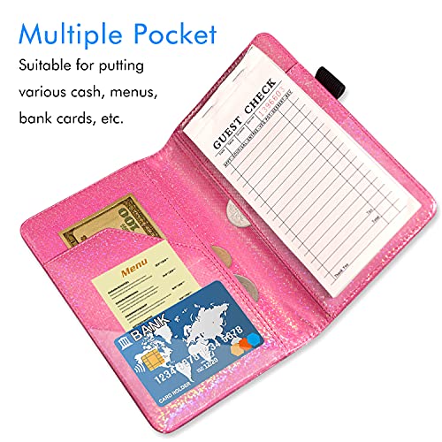 ACdream Server Books for Waitress, Guest Book Note Pad, Cute Pocket Leather Money Organizer Wallet, Cash Check Bill Receipt Holder Presenter, Waiter Accessories, Hot Pink Glitter - Image 2