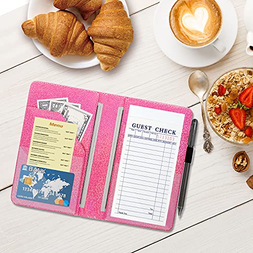 ACdream Server Books for Waitress, Guest Book Note Pad, Cute Pocket Leather Money Organizer Wallet, Cash Check Bill Receipt Holder Presenter, Waiter Accessories, Hot Pink Glitter - Image 3