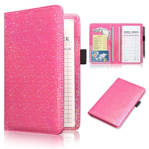 ACdream Server Books for Waitress, Guest Book Note Pad, Cute Pocket Leather Money Organizer Wallet, Cash Check Bill Receipt Holder Presenter, Waiter Accessories, Hot Pink Glitter - Image 1