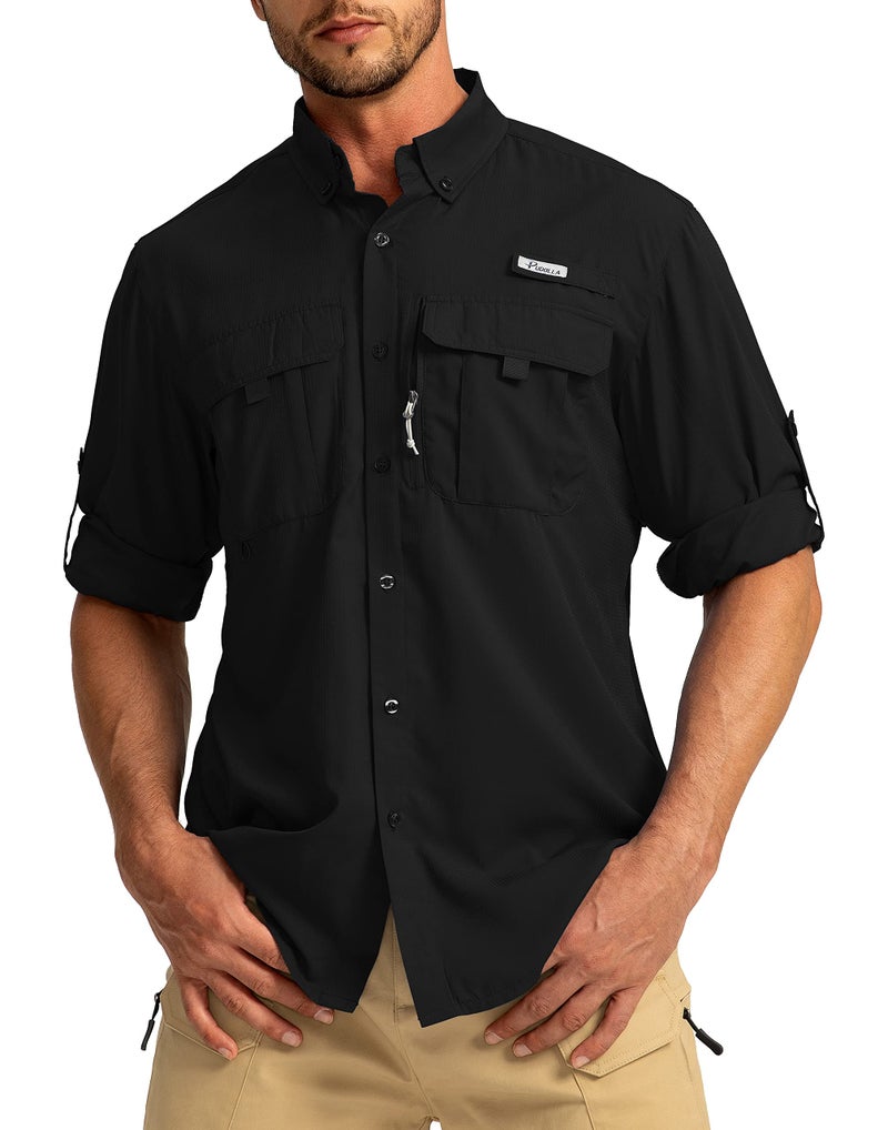 Pudolla Men's Sun Protection Fishing Shirts Long Sleeve Travel Work Shirts for Men UPF50+ Button Down Shirts with Zipper Pockets(Black Medium) - Image 2