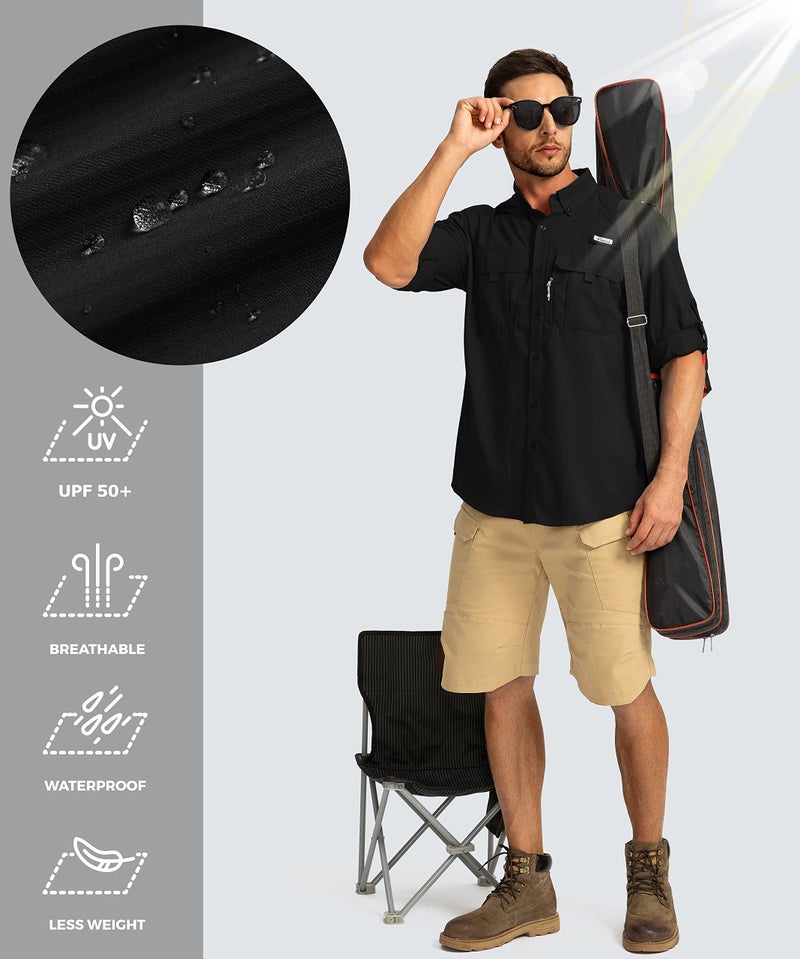 Pudolla Men's Sun Protection Fishing Shirts Long Sleeve Travel Work Shirts for Men UPF50+ Button Down Shirts with Zipper Pockets(Black Medium) - Image 5