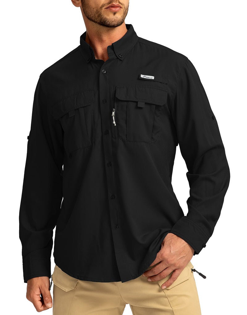 Pudolla Men's Sun Protection Fishing Shirts Long Sleeve Travel Work Shirts for Men UPF50+ Button Down Shirts with Zipper Pockets(Black Medium) - Image 1