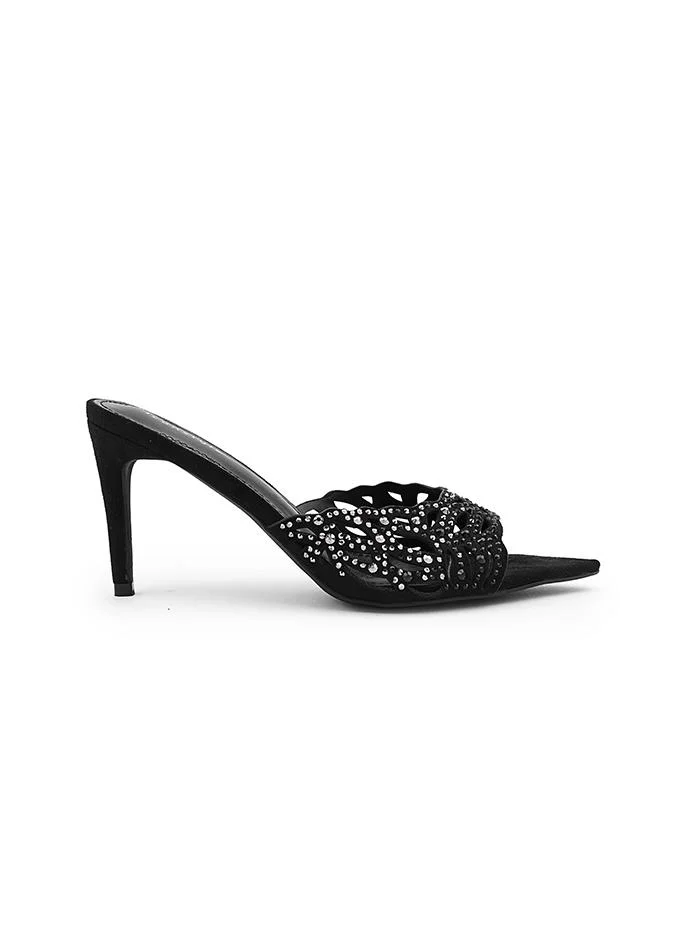 أيقون Shiny heel slipper perfect for evening occasions.