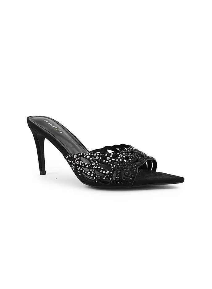 أيقون Shiny heel slipper perfect for evening occasions.