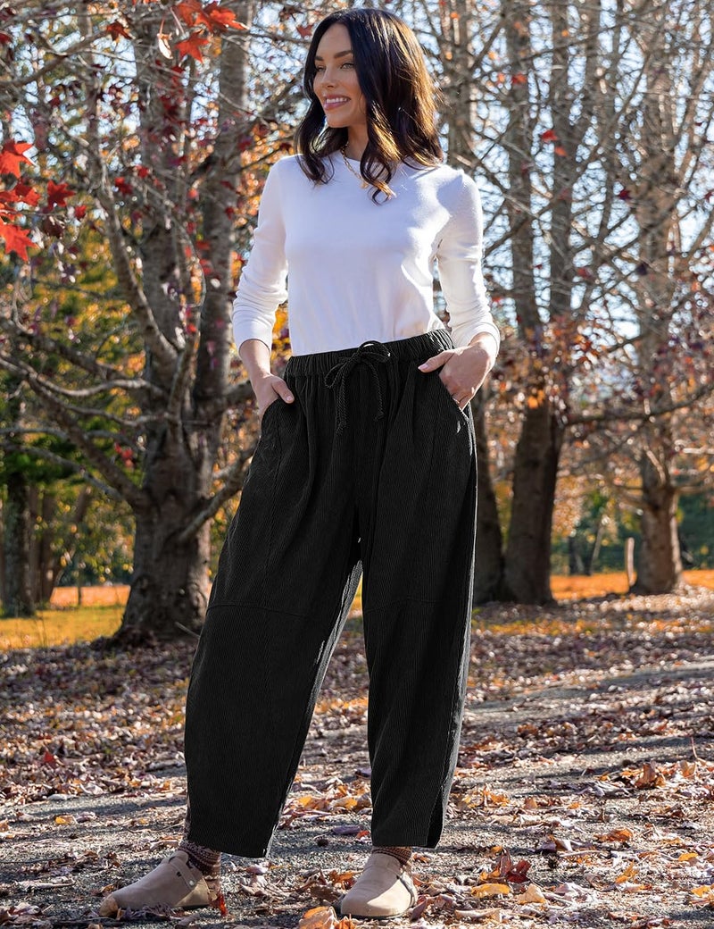 TARSE Womens Baggy Wide Leg Pants Casual Corduroy Elastic Waisted Palazzo Harem Pants with Pockets, Black, S - Image 1