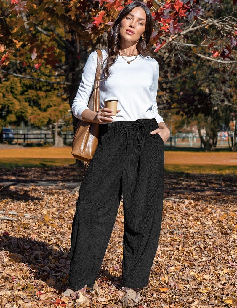 TARSE Womens Baggy Wide Leg Pants Casual Corduroy Elastic Waisted Palazzo Harem Pants with Pockets, Black, S - Image 2