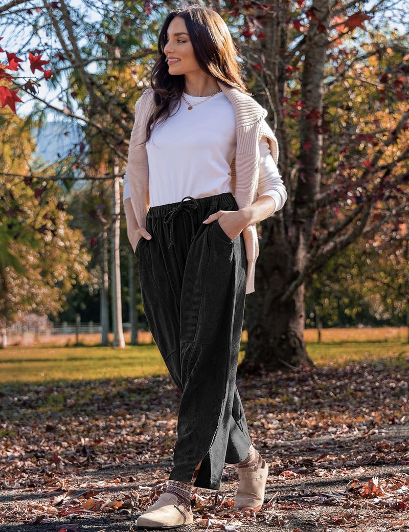 TARSE Womens Baggy Wide Leg Pants Casual Corduroy Elastic Waisted Palazzo Harem Pants with Pockets, Black, S - Image 3