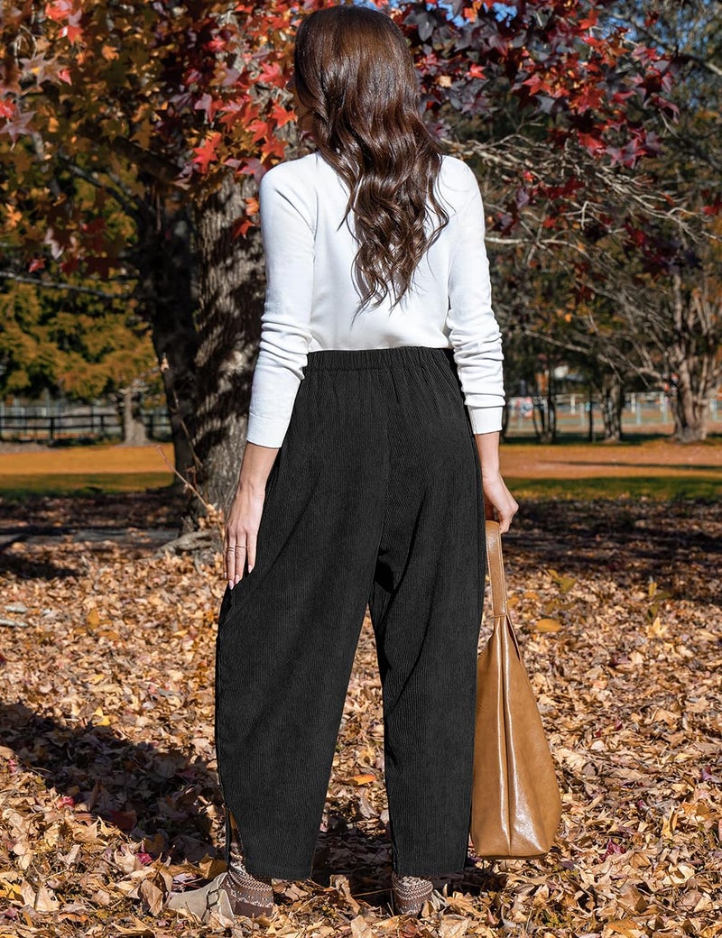 TARSE Womens Baggy Wide Leg Pants Casual Corduroy Elastic Waisted Palazzo Harem Pants with Pockets, Black, S - Image 4