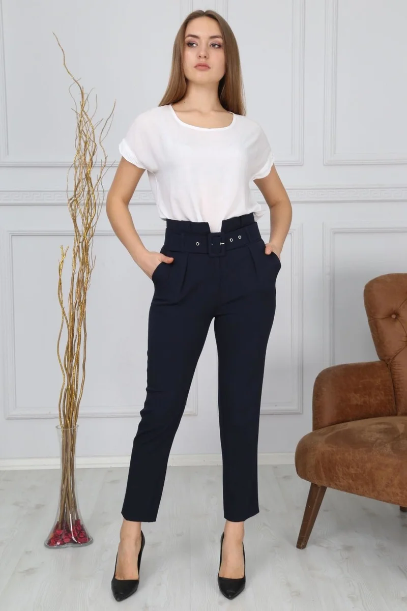 Bluence Waist Belted Black Fabric Trousers 44
