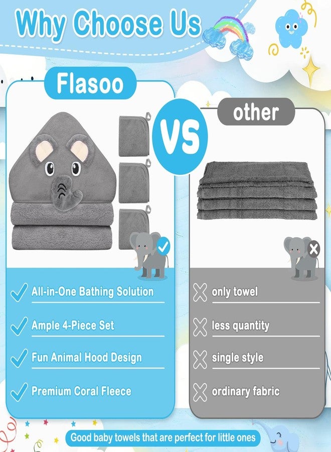 مجموعة مناشف استحمام الأطفال من فلاسو، 4 قطع، للأطفال الرضع والصغار، منشفة واحدة بغطاء رأس على شكل حيوان، ومجموعة من 3 قطع مناشف غسيل، فائقة الامتصاص، لطيفة وناعمة، هدية أساسية للمواليد الجدد للأولاد والبنات (فيل رمادي). - Image 2