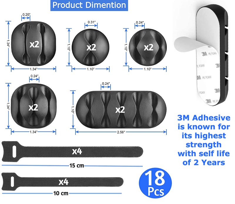 Bulfyss 18pcs Cord Cable Wire Holder Protector Organizer Accessories - Self Adhesive Straps, Hook and Loop Ties for Home, Office, Car, Desktop, Laptop, Computer (Black) - Image 2