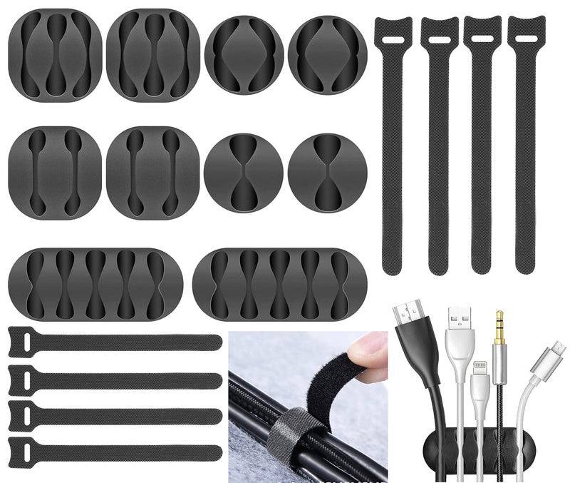Bulfyss 18pcs Cord Cable Wire Holder Protector Organizer Accessories - Self Adhesive Straps, Hook and Loop Ties for Home, Office, Car, Desktop, Laptop, Computer (Black) - Image 1