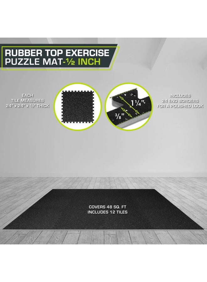 ProSourceFit Rubber Top Exercise Puzzle Mat ½-inch, 48 SQFT, 12 Tiles, EVA Foam Interlocking Tiles for Home Gym Protective Flooring for Equipment and Workouts, Grey - Image 2