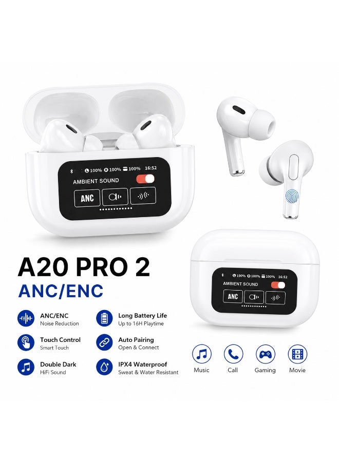 A20 Pro 2 Wireless Earbuds with Smart Touch Display, ANC & ENC Noise Cancellation, Bluetooth Charging Case, White - Image 2